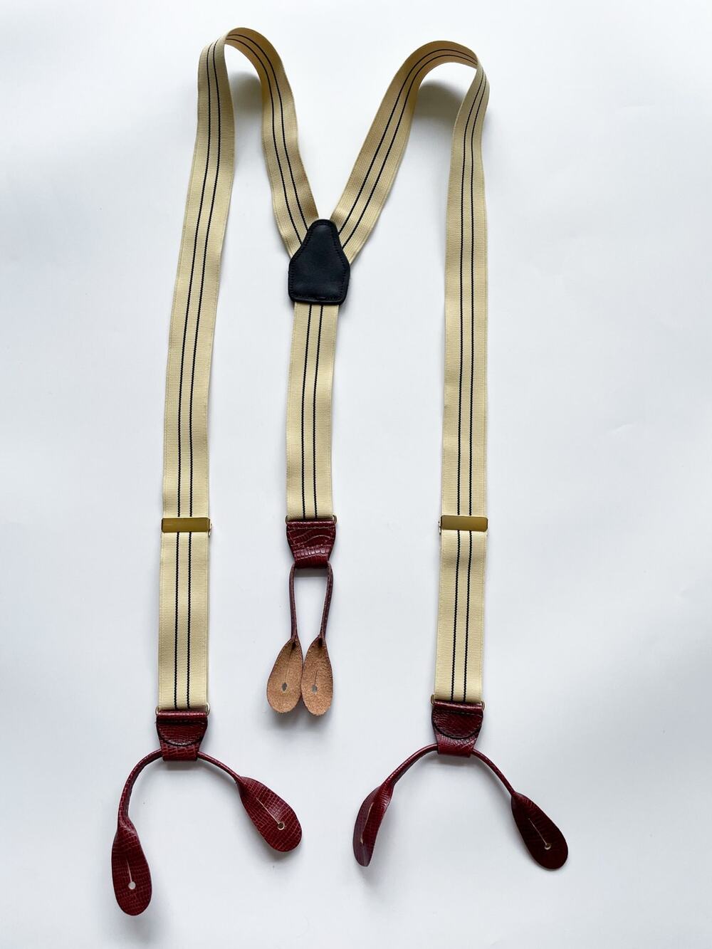 Vintage CAS W. Germany Yellow and Navy Button Braces Suspenders Brown Leather